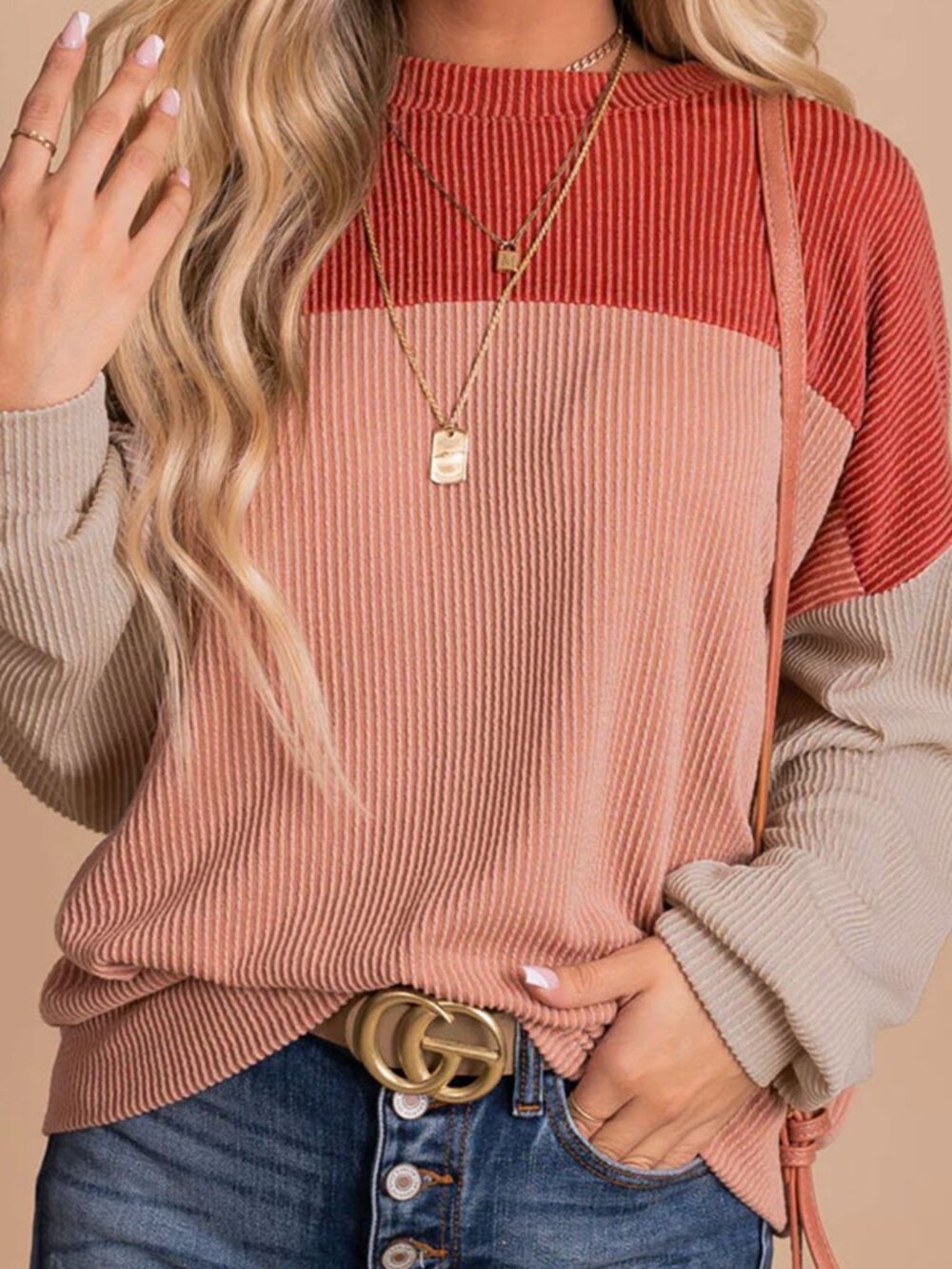 NWOT Colorblock Crewneck Sweater in Red, Pink & Cream